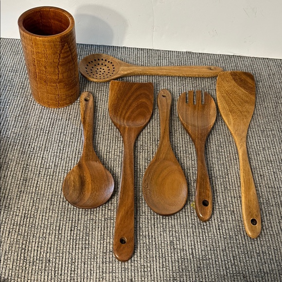 Wooden Utensil Set with Holder 6 pcs spoon spatula fork piece (salad server?) - Picture 5 of 13